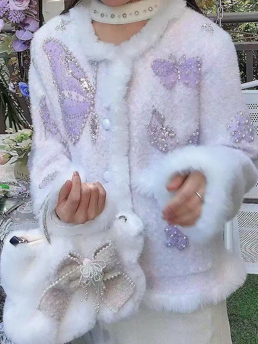 Wool Coat Peacoat - Lüks Tarz İnci Boncuklu Örgü Yuvarlak